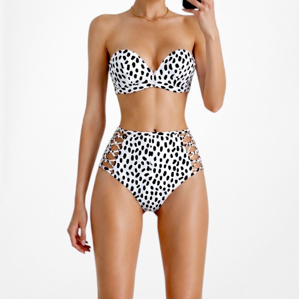 White Black Polka Dot High Waisted Cutout Strapless Two Piece Swimsuit Size XS/S